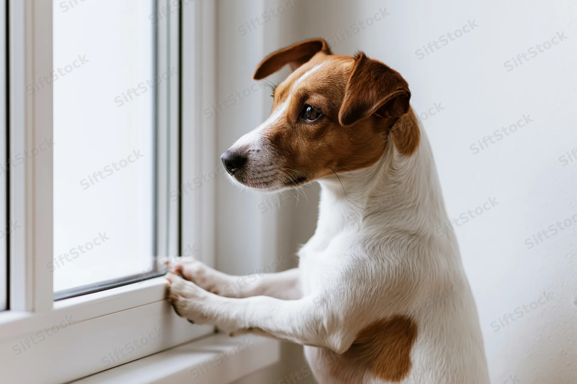 Jack russell terrier standing on hind legs with paws on window frame looking outside in home interior