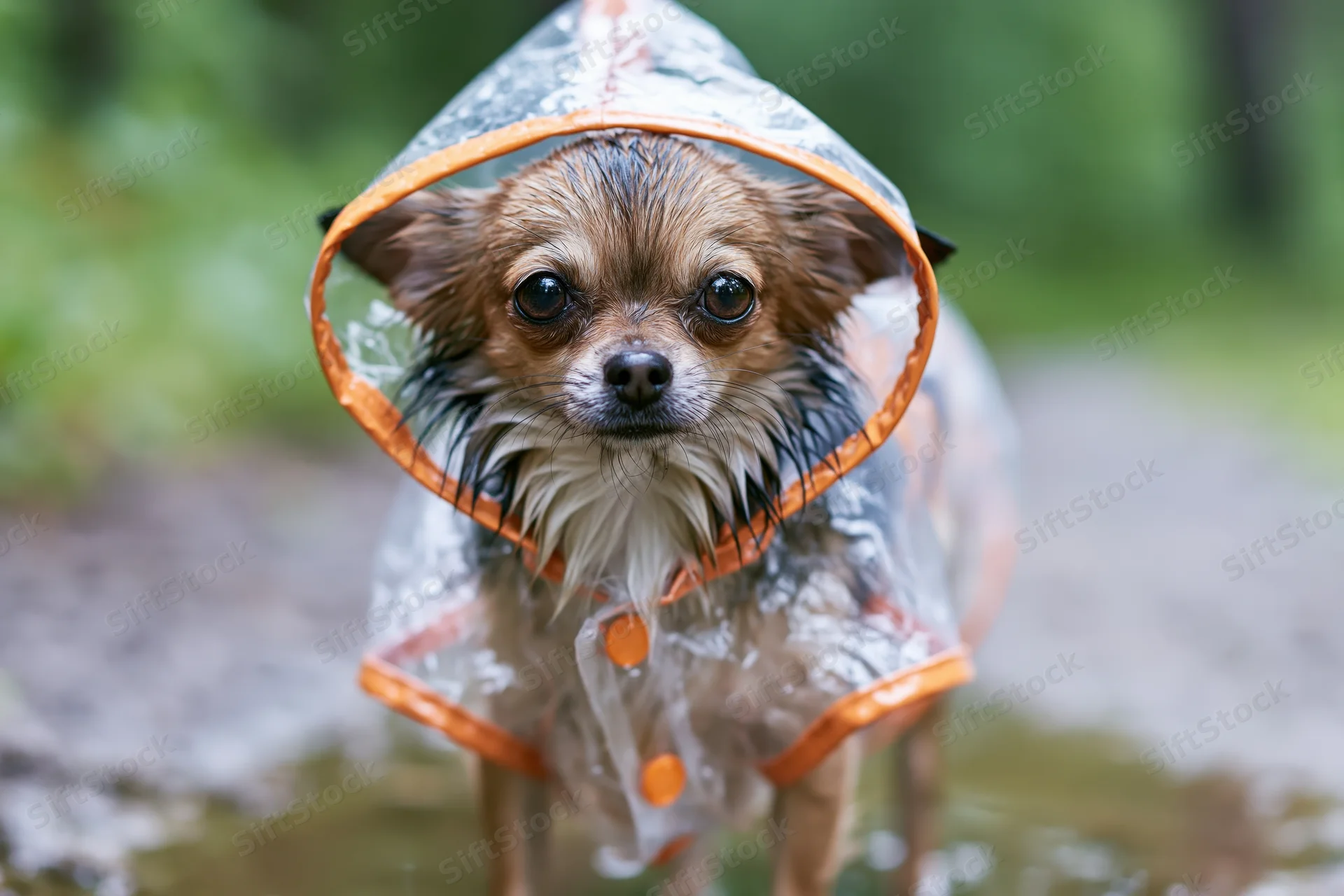 Small chihuahua wearing transparent hooded raincoat standing in puddle on muddy path