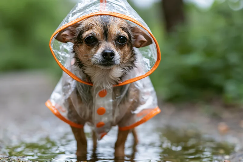 Small chihuahua wearing transparent orange-trimmed raincoat standing in puddle outdoors