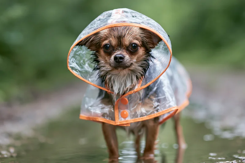 Small chihuahua wearing transparent hooded raincoat standing in puddle on muddy path