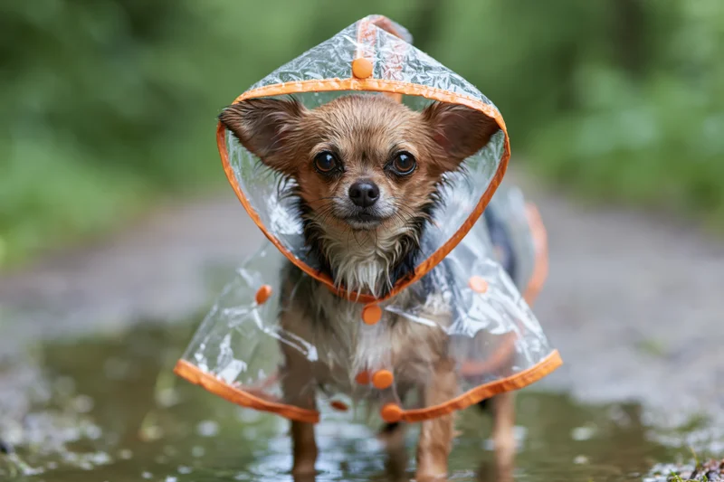 Small chihuahua wearing transparent hooded raincoat standing in puddle outdoors
