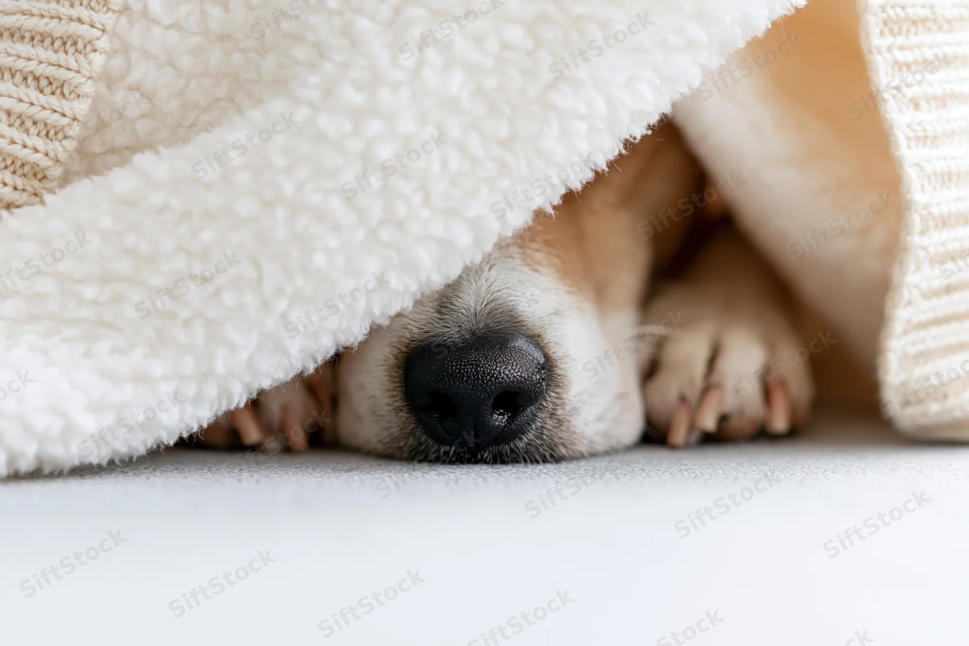 Dog nose and paws peeking from under a white fluffy blanket on the floor