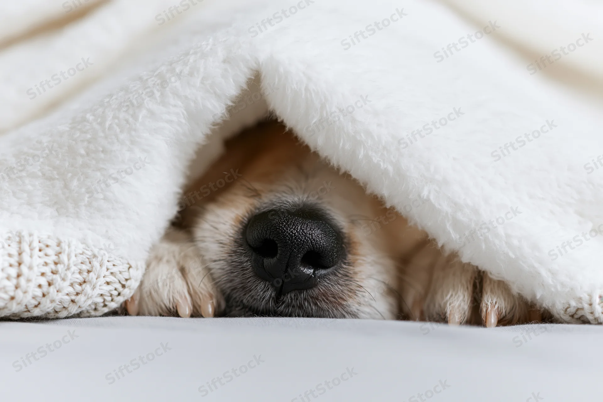 Dog's nose and paws peeking from under a white fluffy blanket on a couch