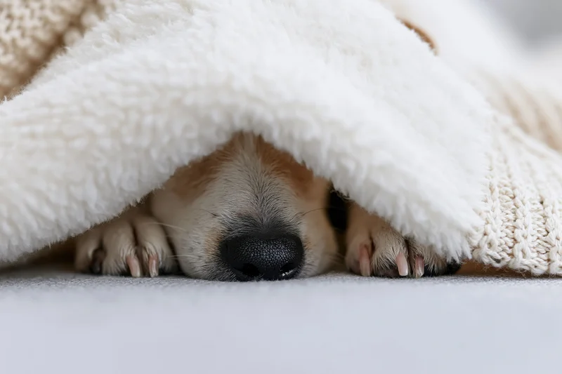 Puppy sleeping with nose and paws peeking out from under a white fluffy blanket on carpet