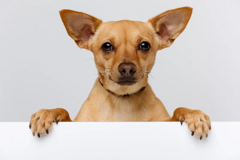 Small tan chihuahua mix dog standing upright with front paws on white surface