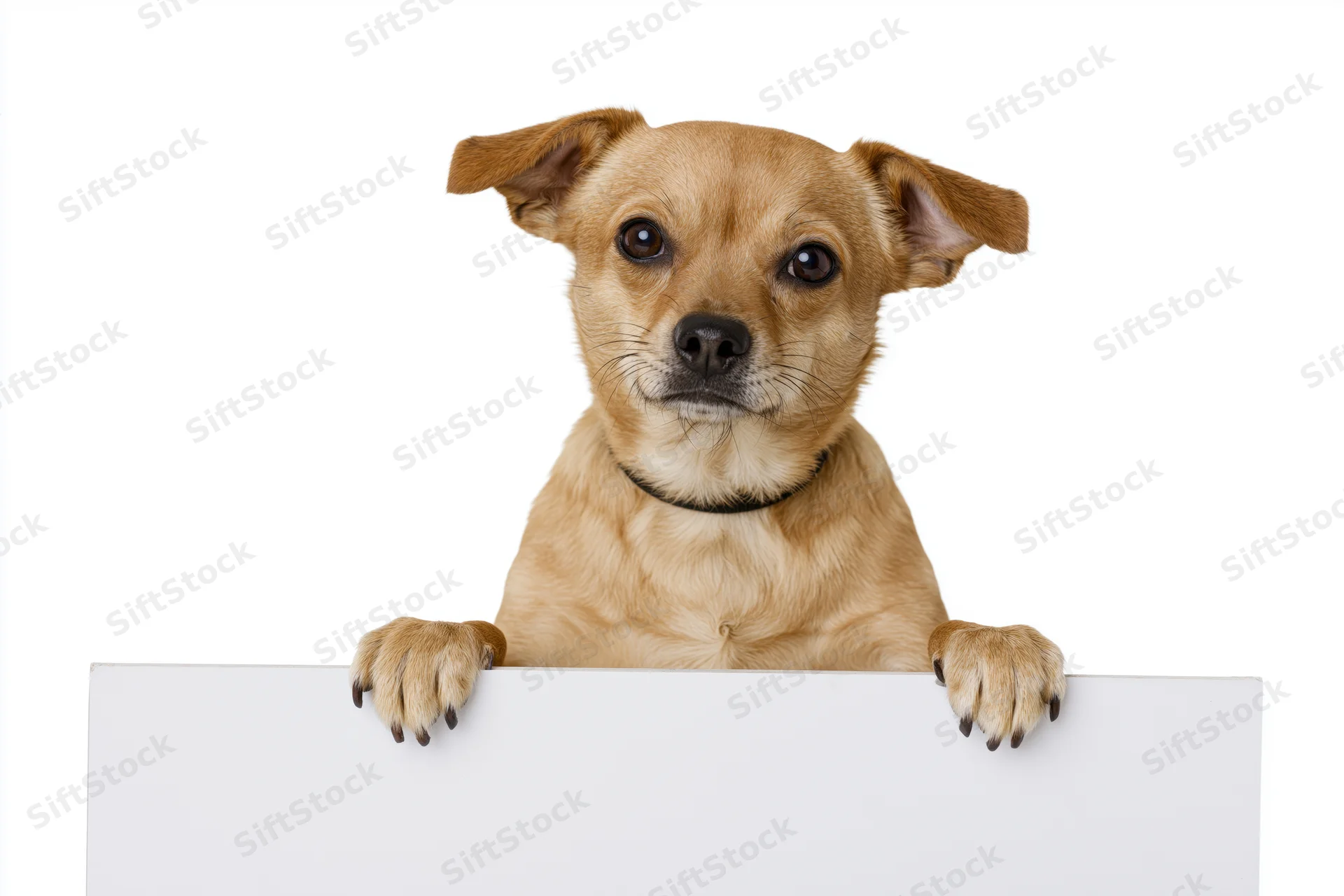 Small tan chihuahua mix dog standing upright with front paws on white board