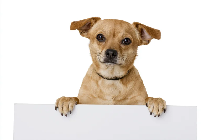 Small tan chihuahua mix dog standing upright with front paws on white board
