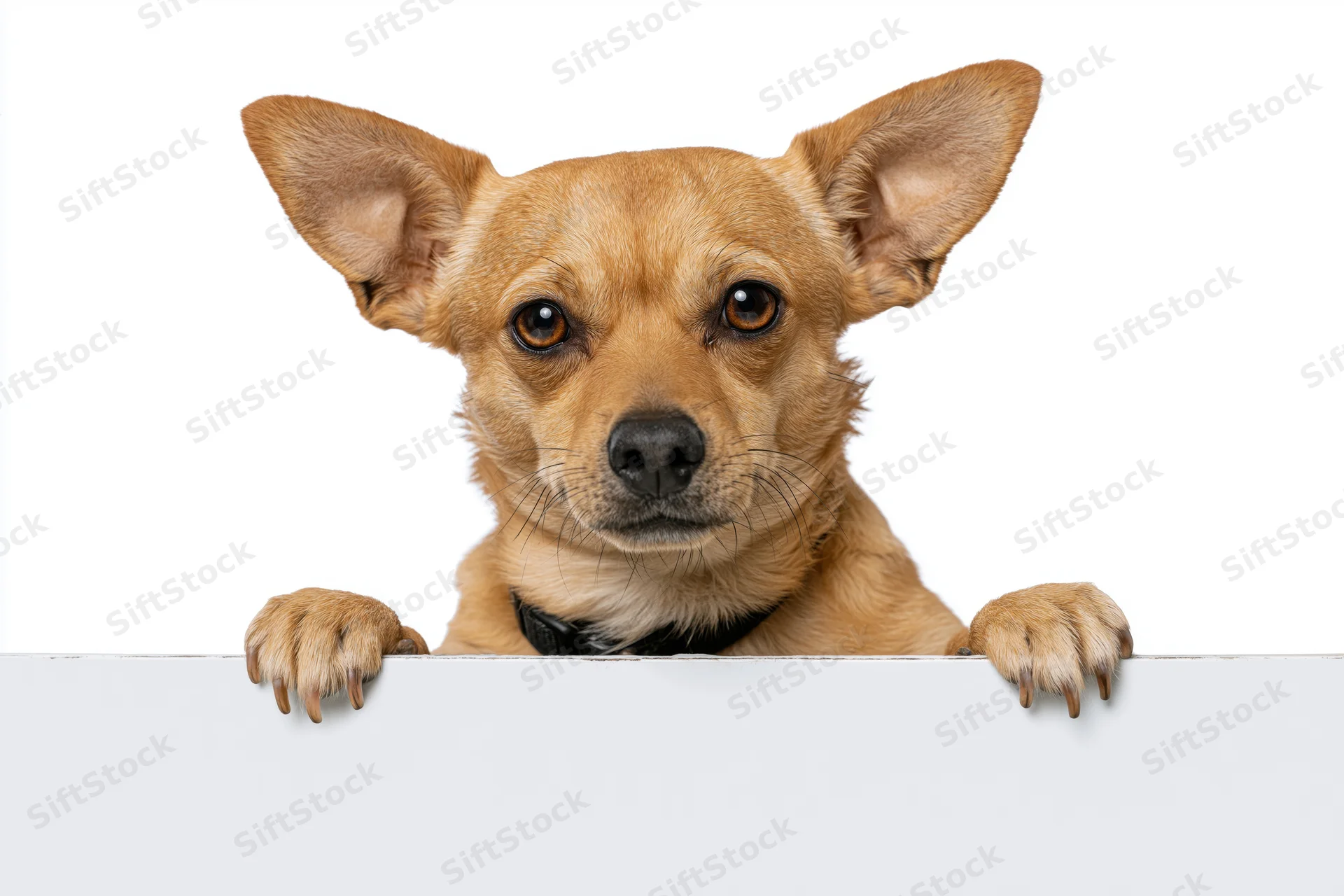Small tan chihuahua mix dog standing upright with front paws on white banner, isolated on white background