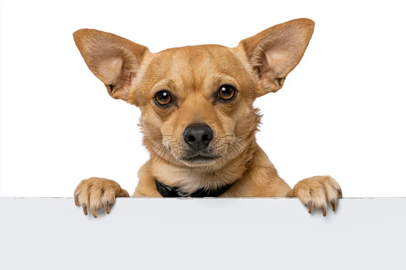 Small tan chihuahua mix dog standing upright with front paws on white banner, isolated on white background