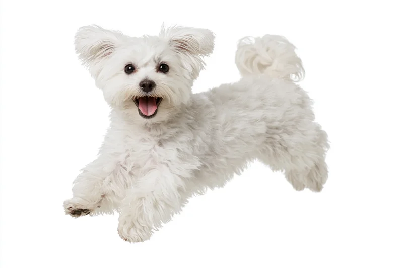 Small white maltese dog mid-leap with mouth open and ears lifted against white background