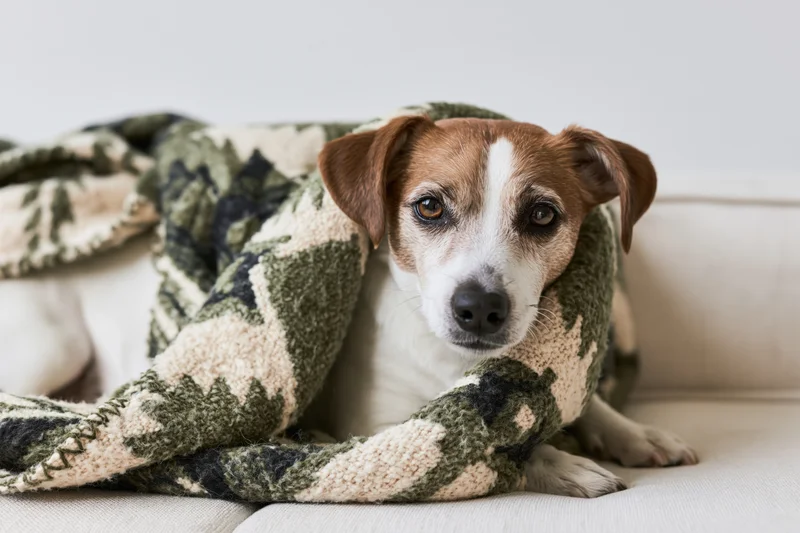 Small white and brown mixed-breed dog lying on light sofa wrapped in camouflage blanket
