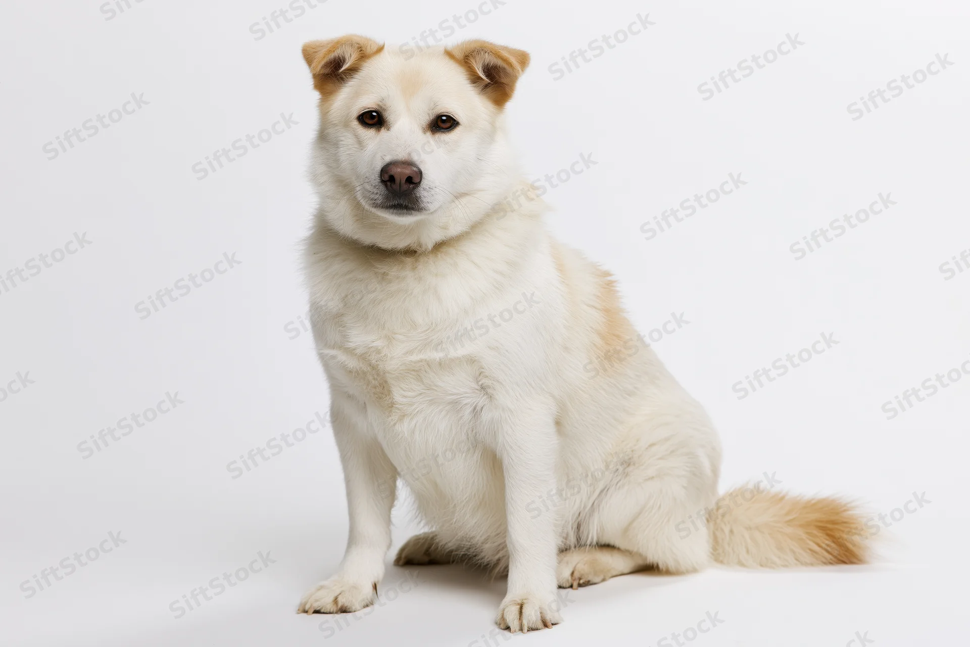 White mixed-breed dog sitting upright and looking directly at camera in studio setting