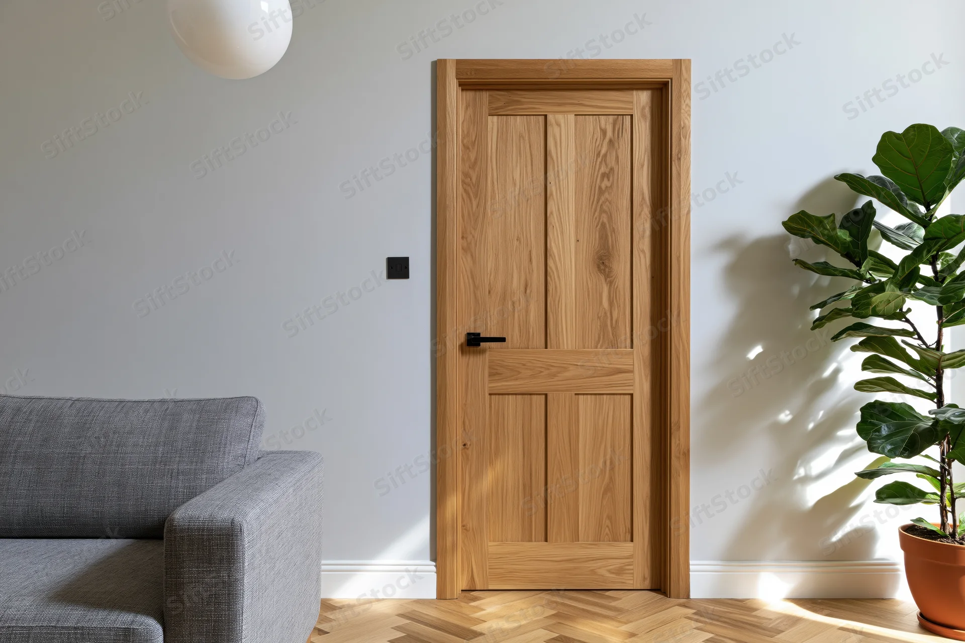 Wooden interior door with black lever handle in a modern living room with gray sofa and fiddle leaf fig plant