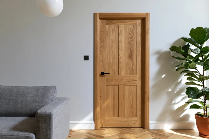 Wooden interior door with black lever handle in a modern living room with gray sofa and fiddle leaf fig plant