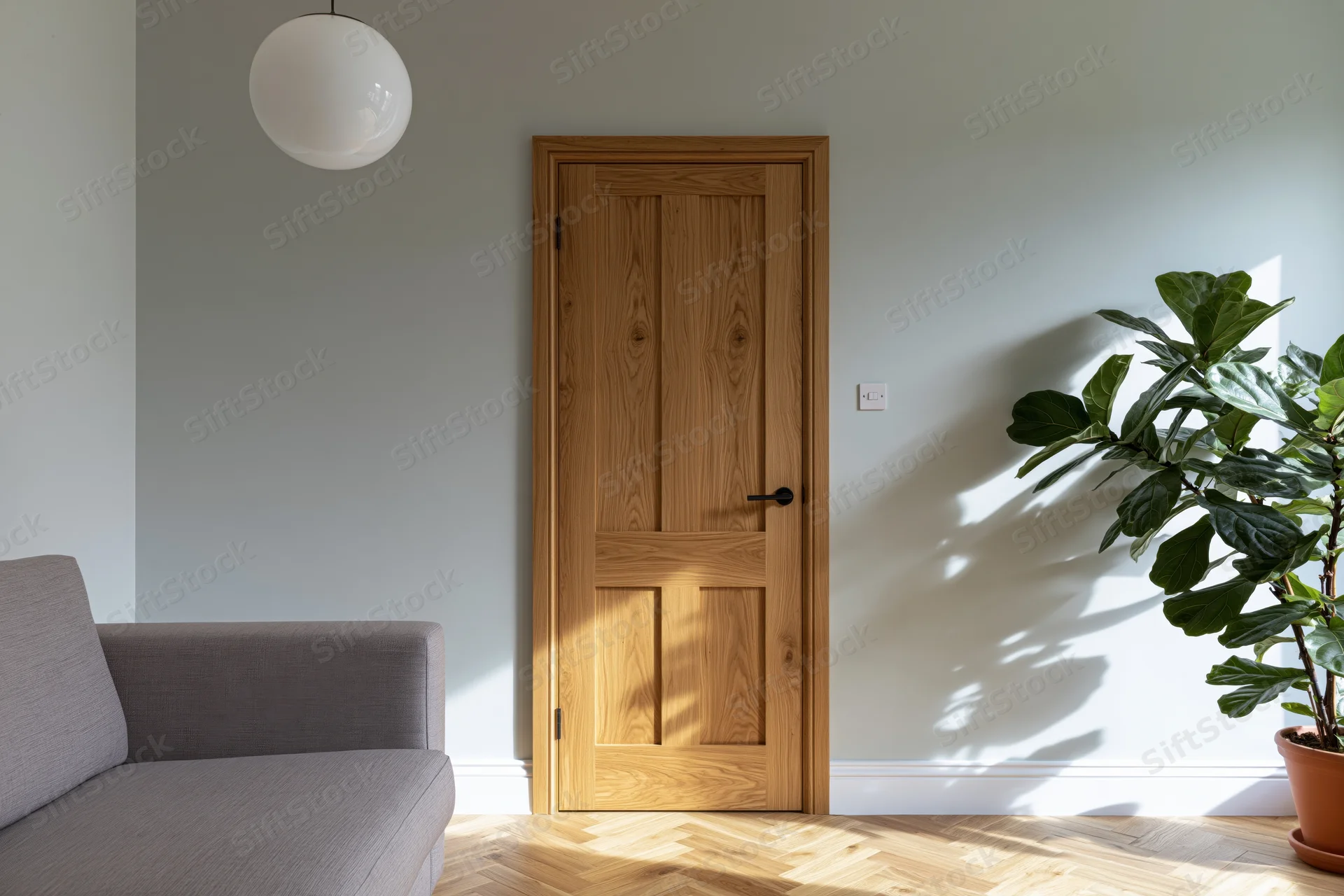Solid oak interior door with black handle in a minimalist living room with gray sofa and fiddle leaf fig plant