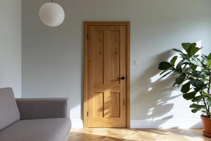 Solid oak interior door with black handle in a minimalist living room with gray sofa and fiddle leaf fig plant