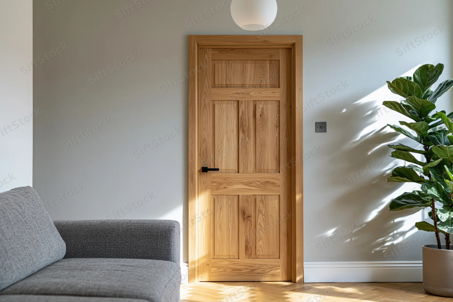 Solid oak interior door with black lever handle in a minimalist living room with gray sofa and fiddle-leaf fig plant