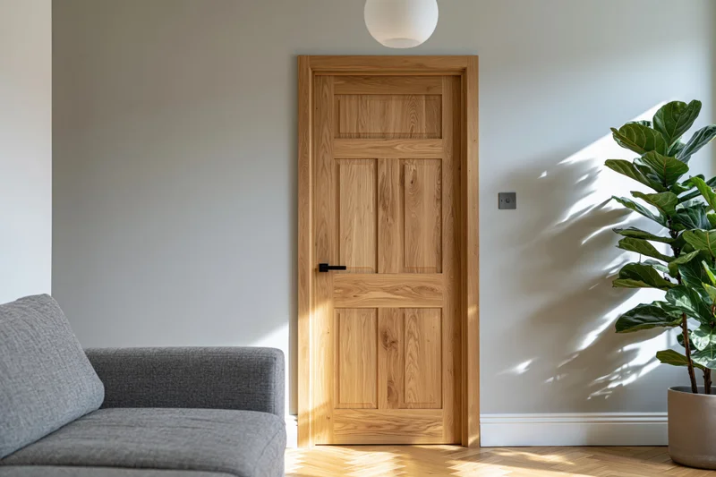 Solid oak interior door with black lever handle in a minimalist living room with gray sofa and fiddle-leaf fig plant