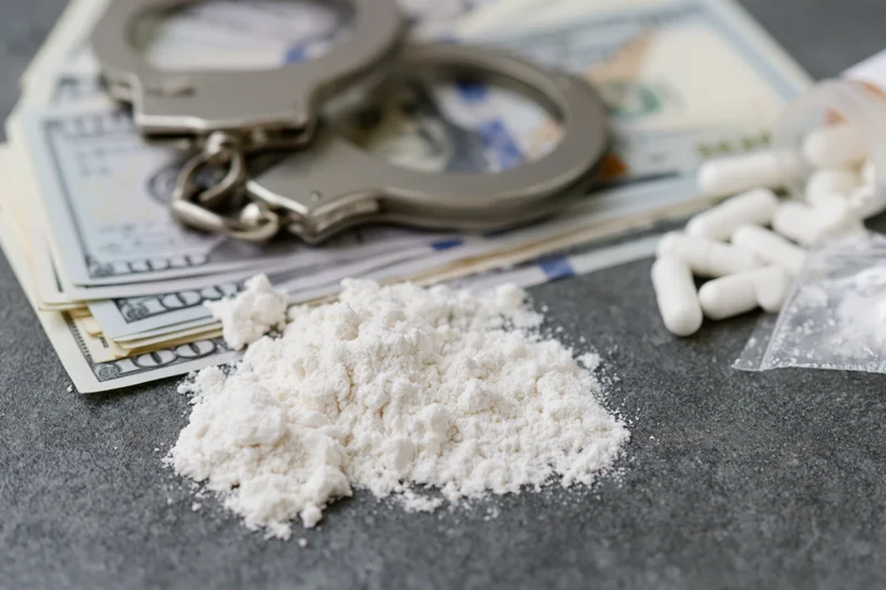 Steel handcuffs on fanned hundred-dollar bills beside a pile of white powder and scattered pills on dark surface