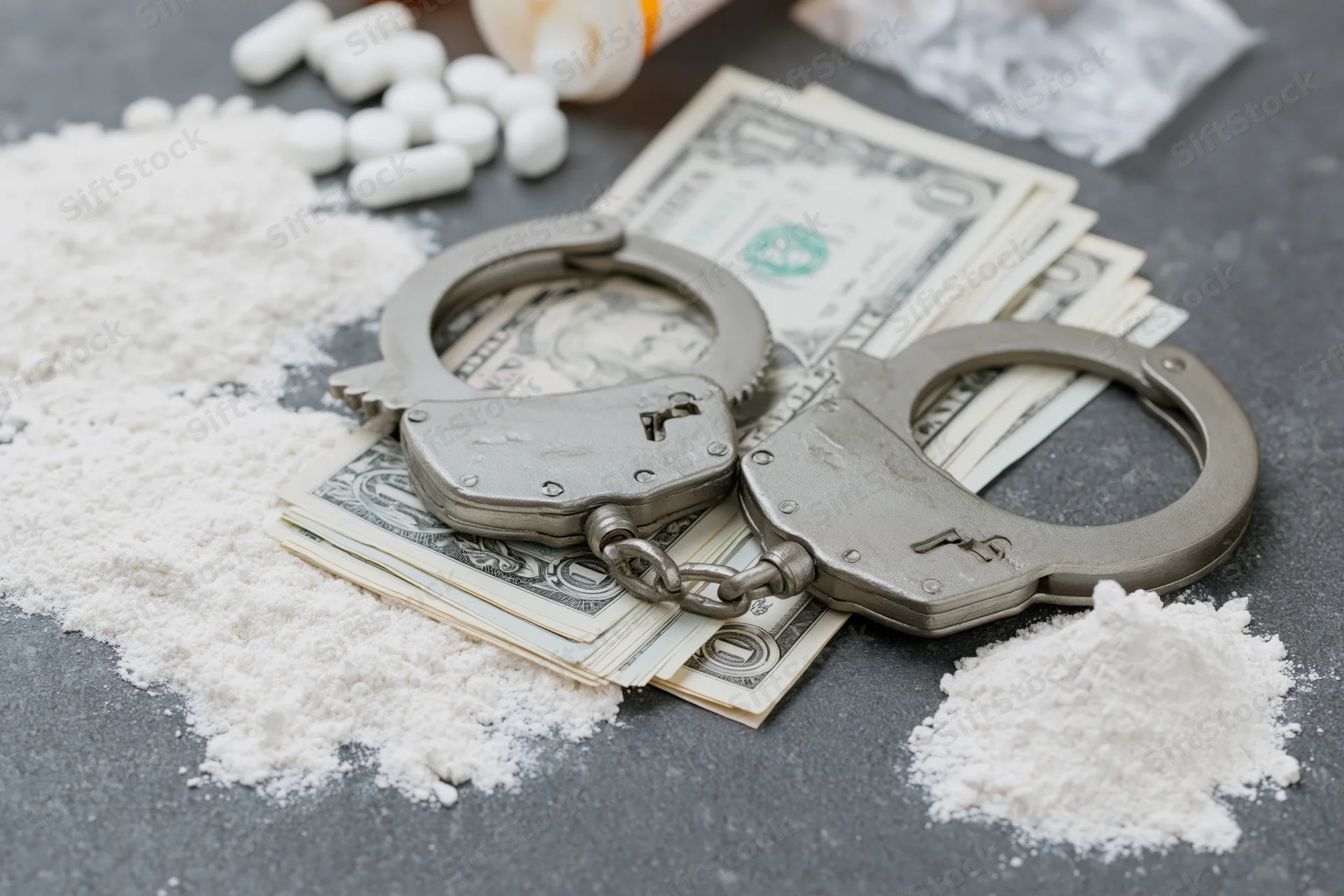 Steel handcuffs resting on fanned us dollar bills surrounded by white powder and pills on dark surface