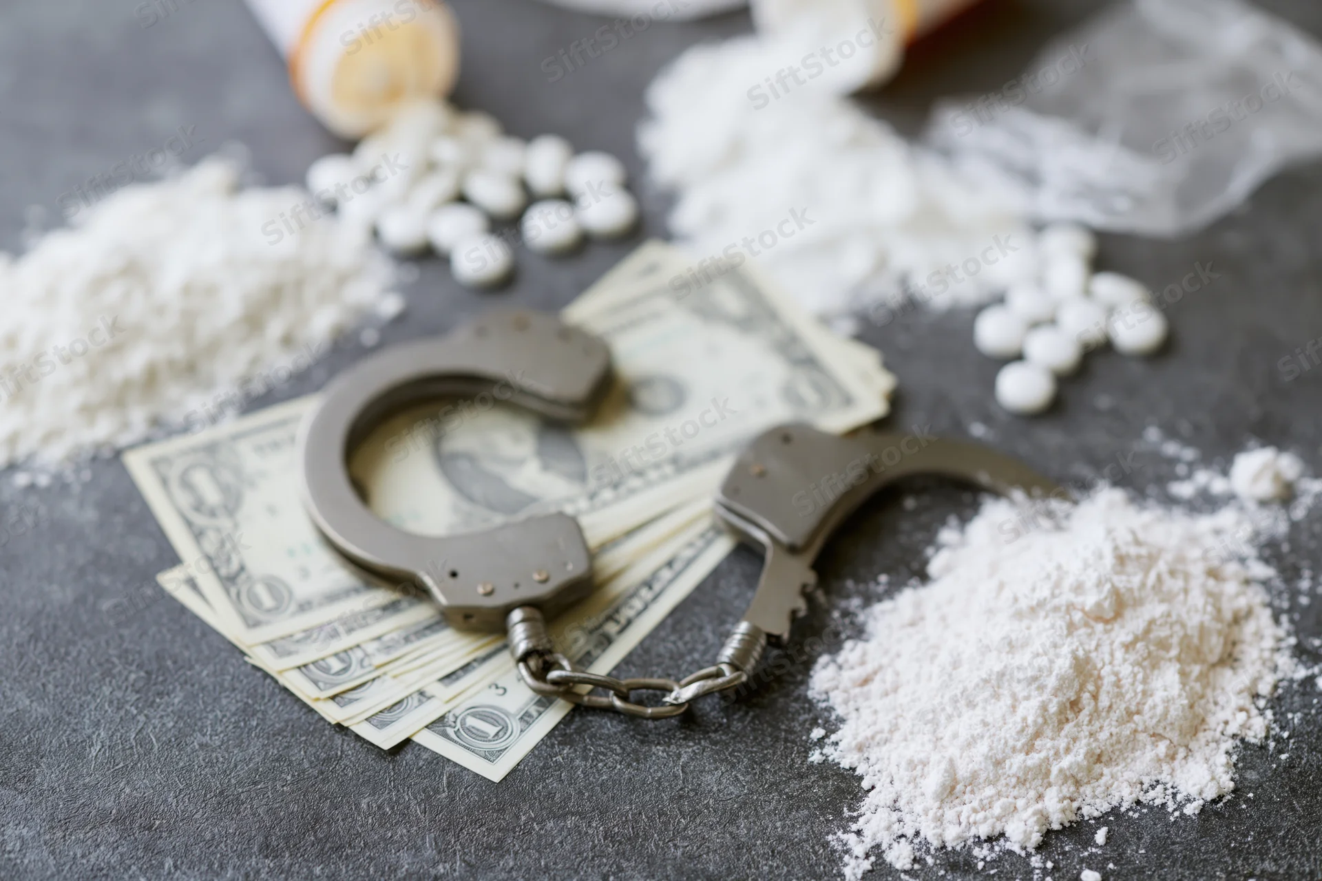 Steel handcuffs resting on fanned us dollar bills surrounded by piles of white powder and scattered pills on a gray surface