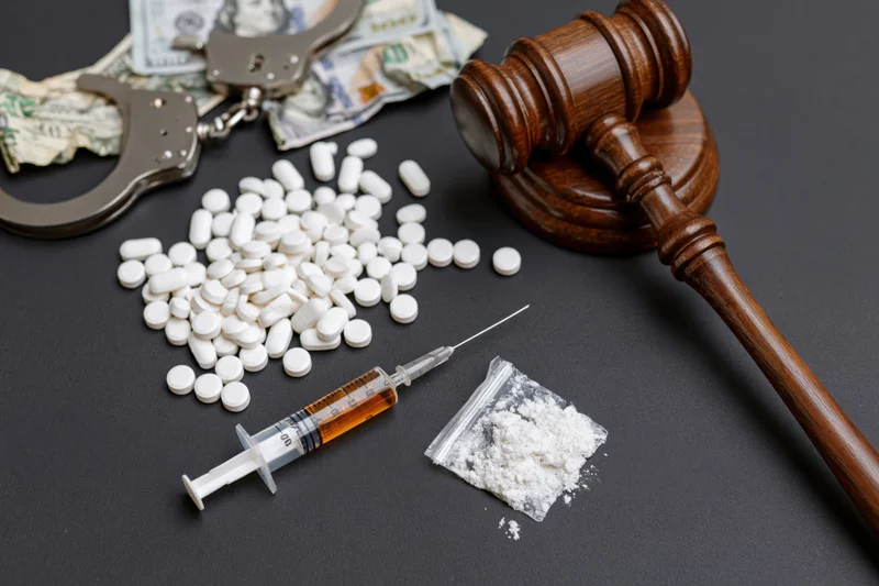 Scattered white pills and a filled syringe with handcuffs, money, and a gavel on a dark surface