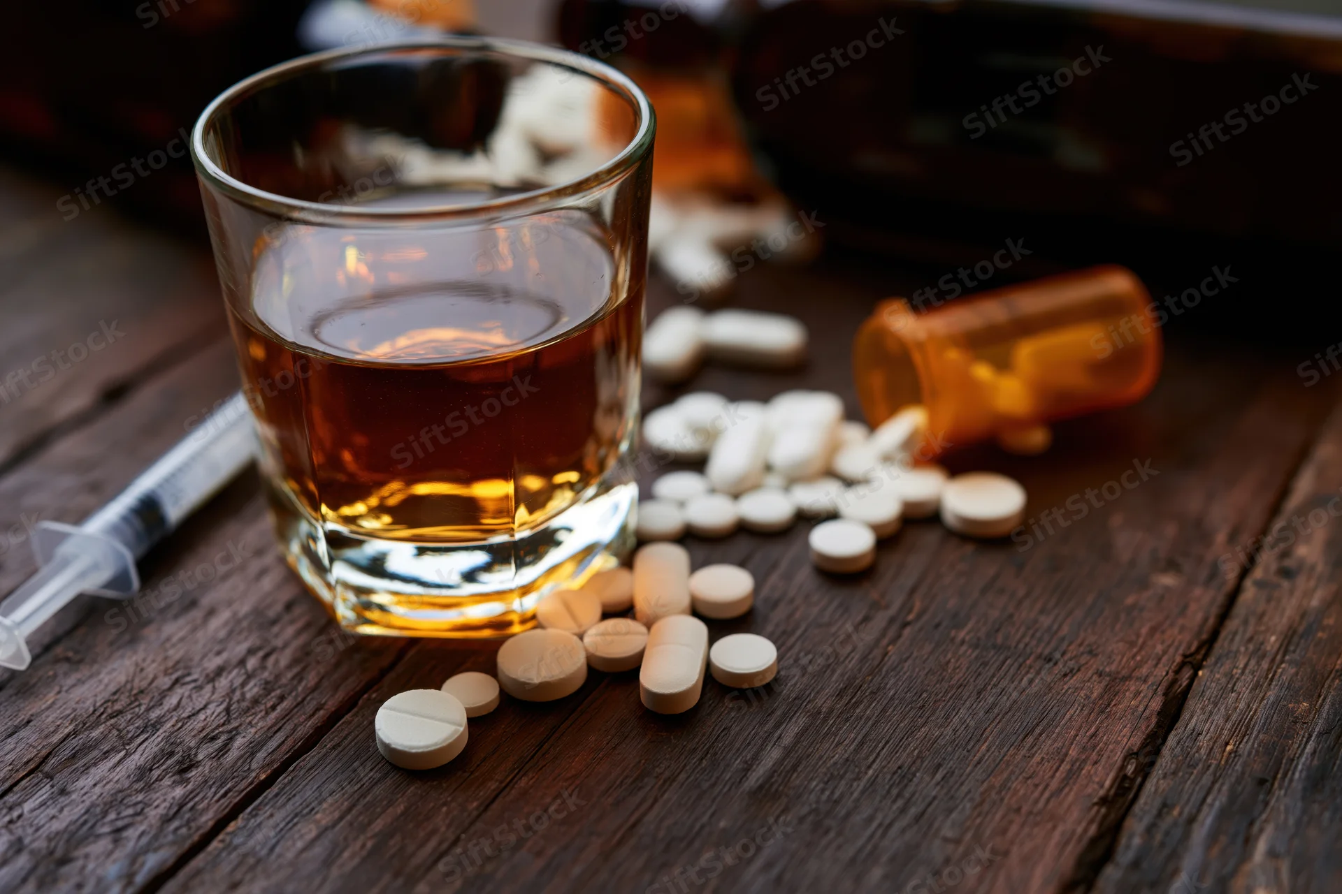 Whiskey glass and scattered prescription pills on wooden table with syringe and bottle nearby