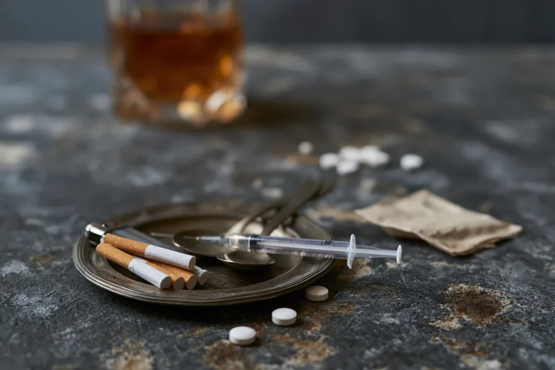 Substance abuse paraphernalia arranged on a dark textured surface with syringe, cigarettes, pills, and glass of alcohol on a plate
