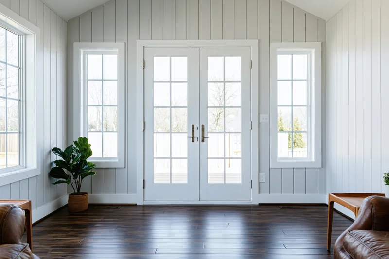 Sunroom interior with white french doors flanked by tall windows and hardwood flooring
