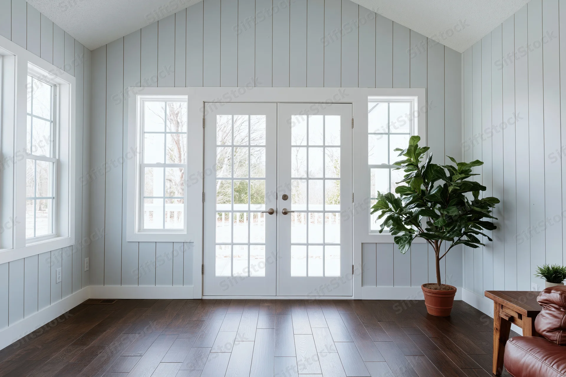 Sunroom interior with white french doors flanked by tall windows and a potted plant on hardwood flooring