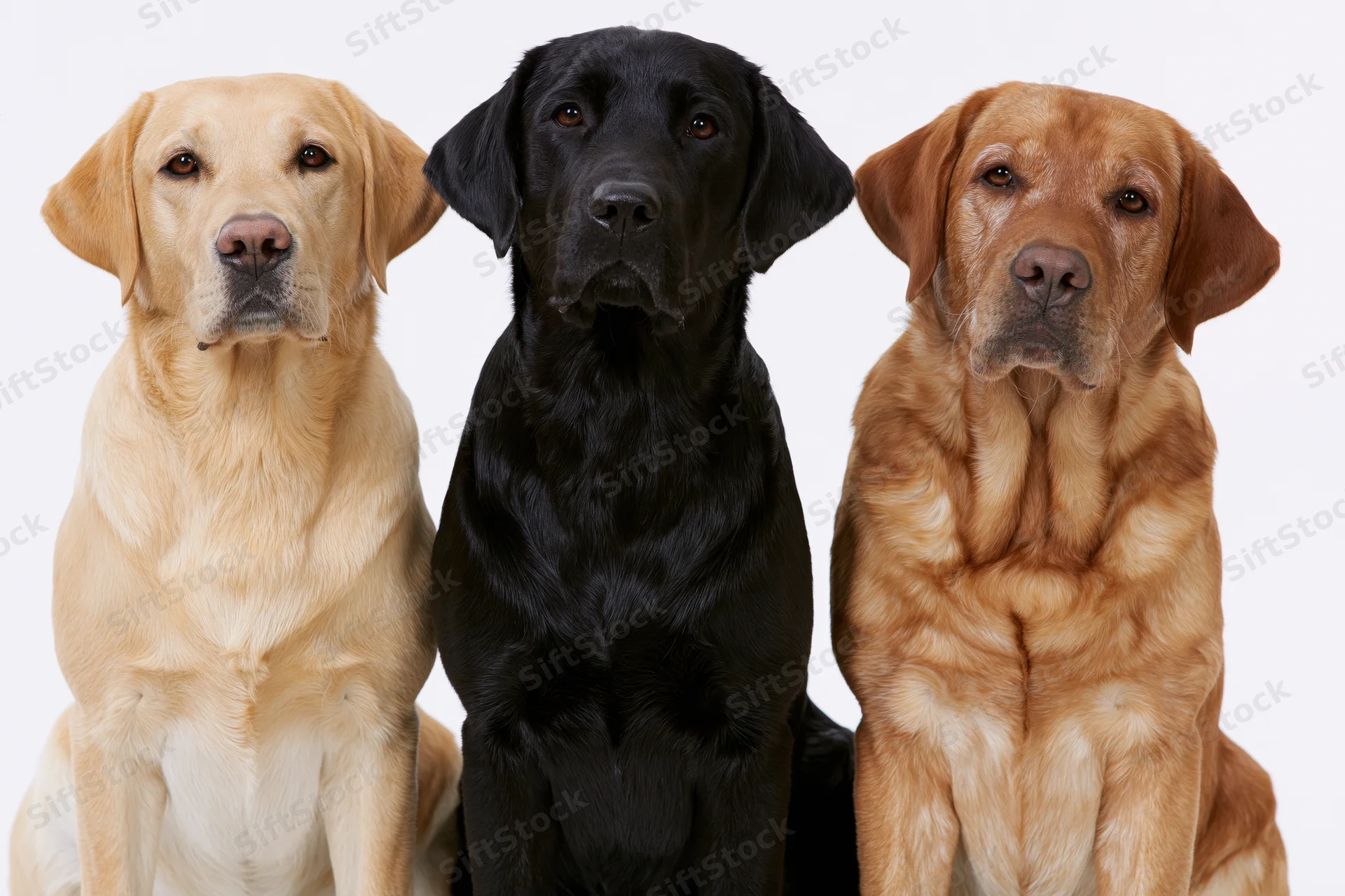 Three labrador retrievers sitting side by side facing camera in studio portrait