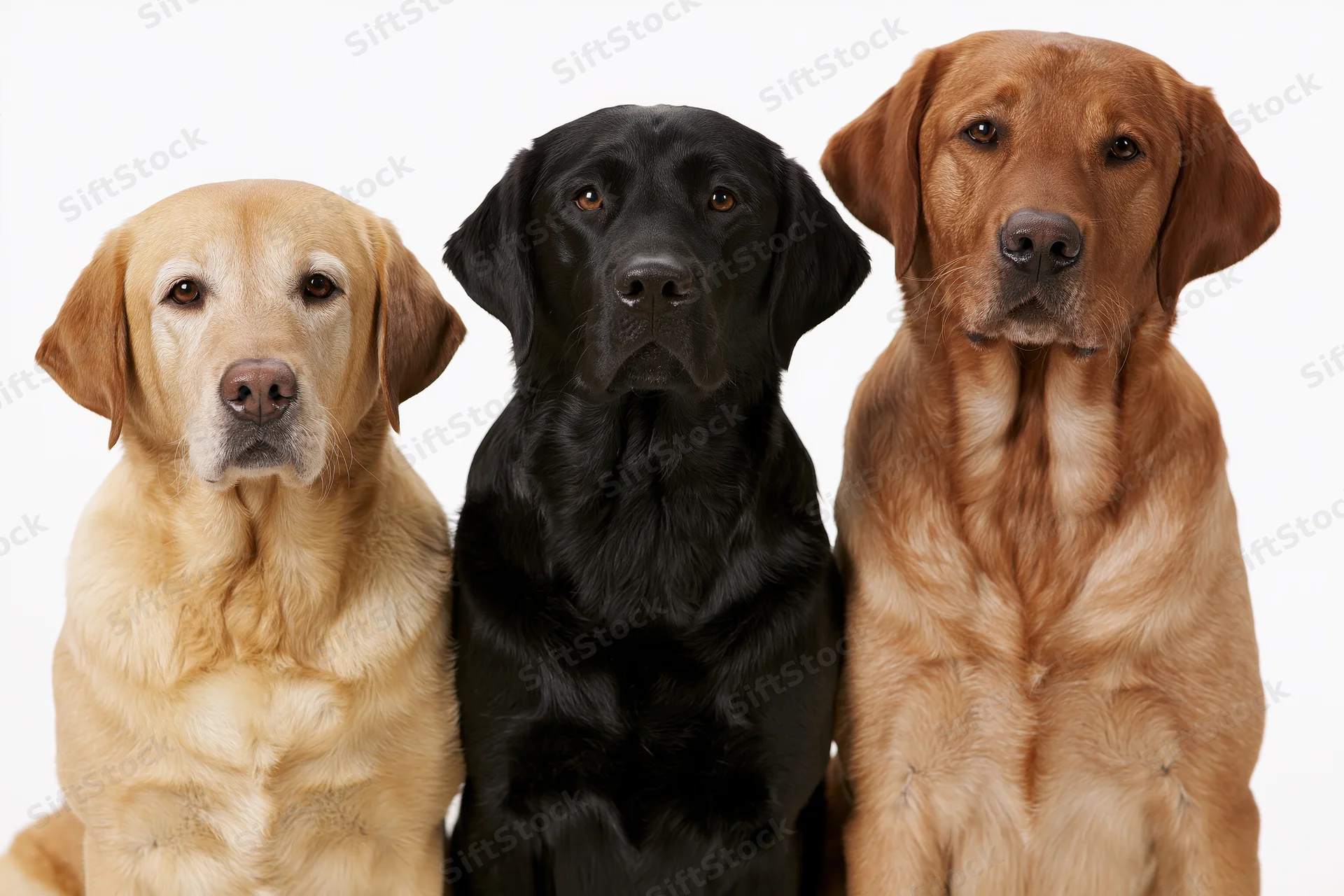 Three labrador retrievers sitting side by side facing camera in studio portrait