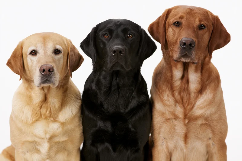 Three labrador retrievers sitting side by side facing camera in studio portrait