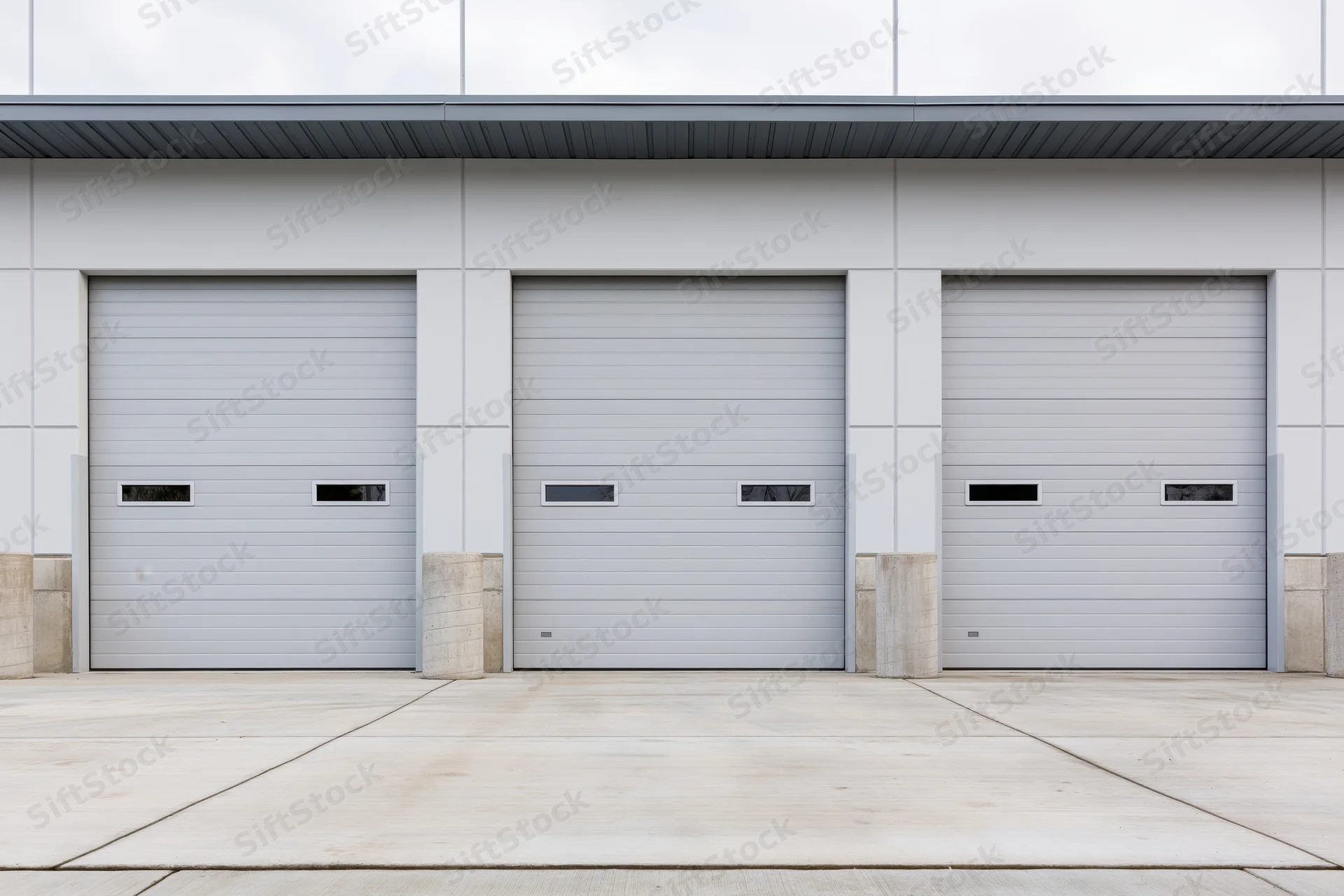 Three closed industrial roll-up garage doors on a modern warehouse exterior