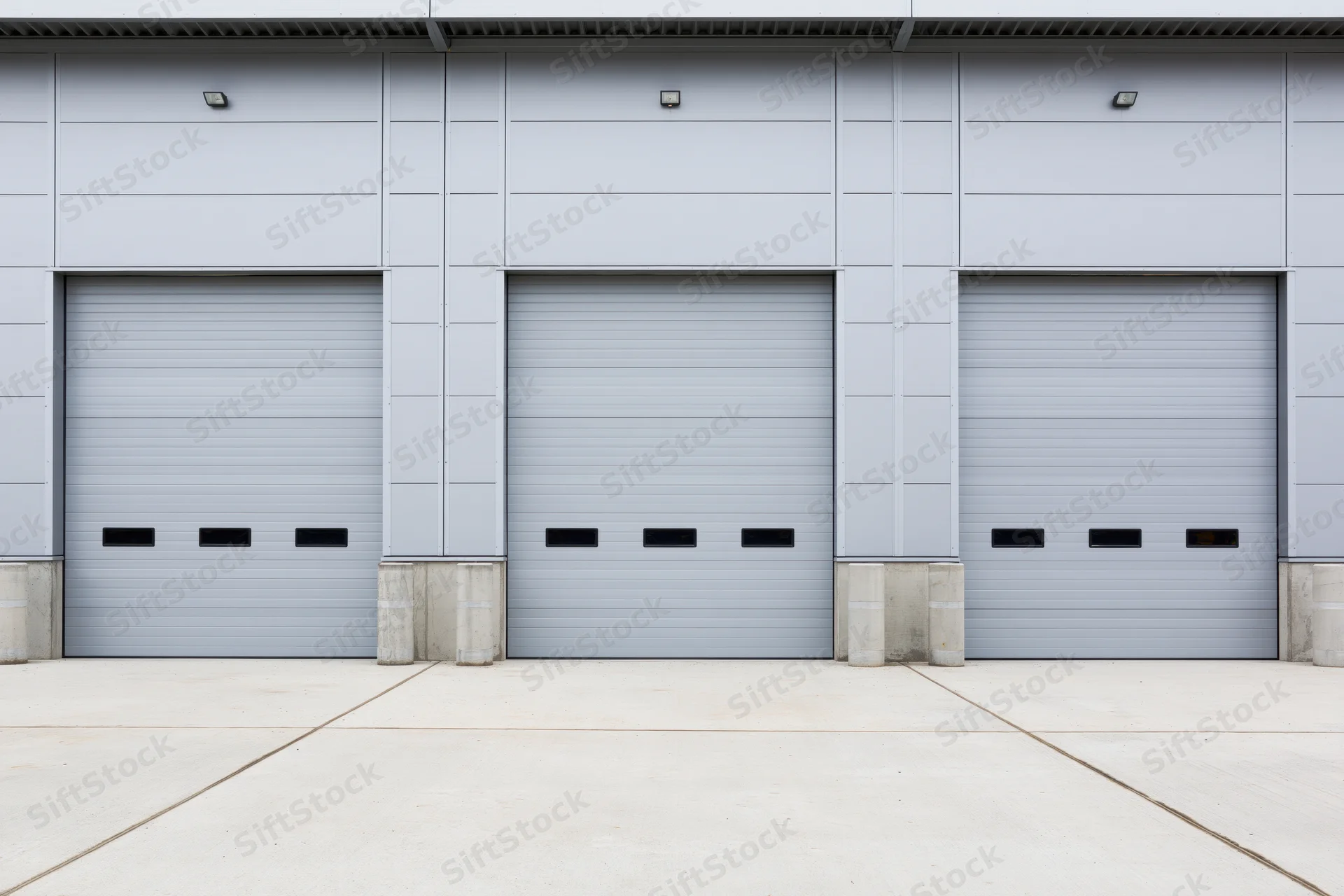 Three closed industrial roll-up garage doors on a modern warehouse exterior