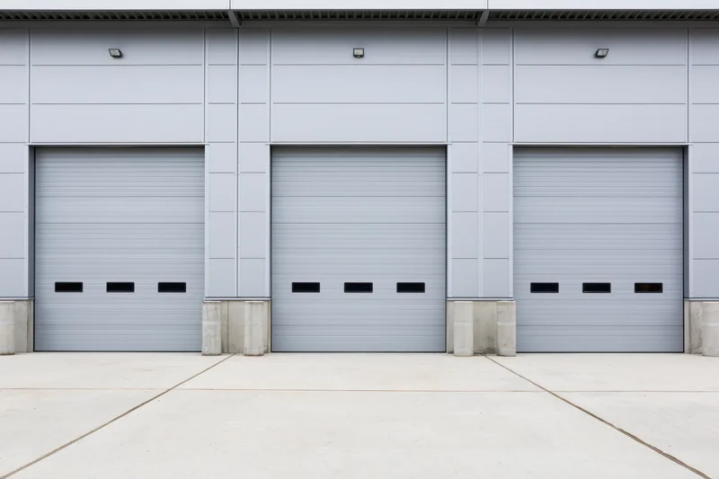 Three closed industrial roll-up garage doors on a modern warehouse exterior
