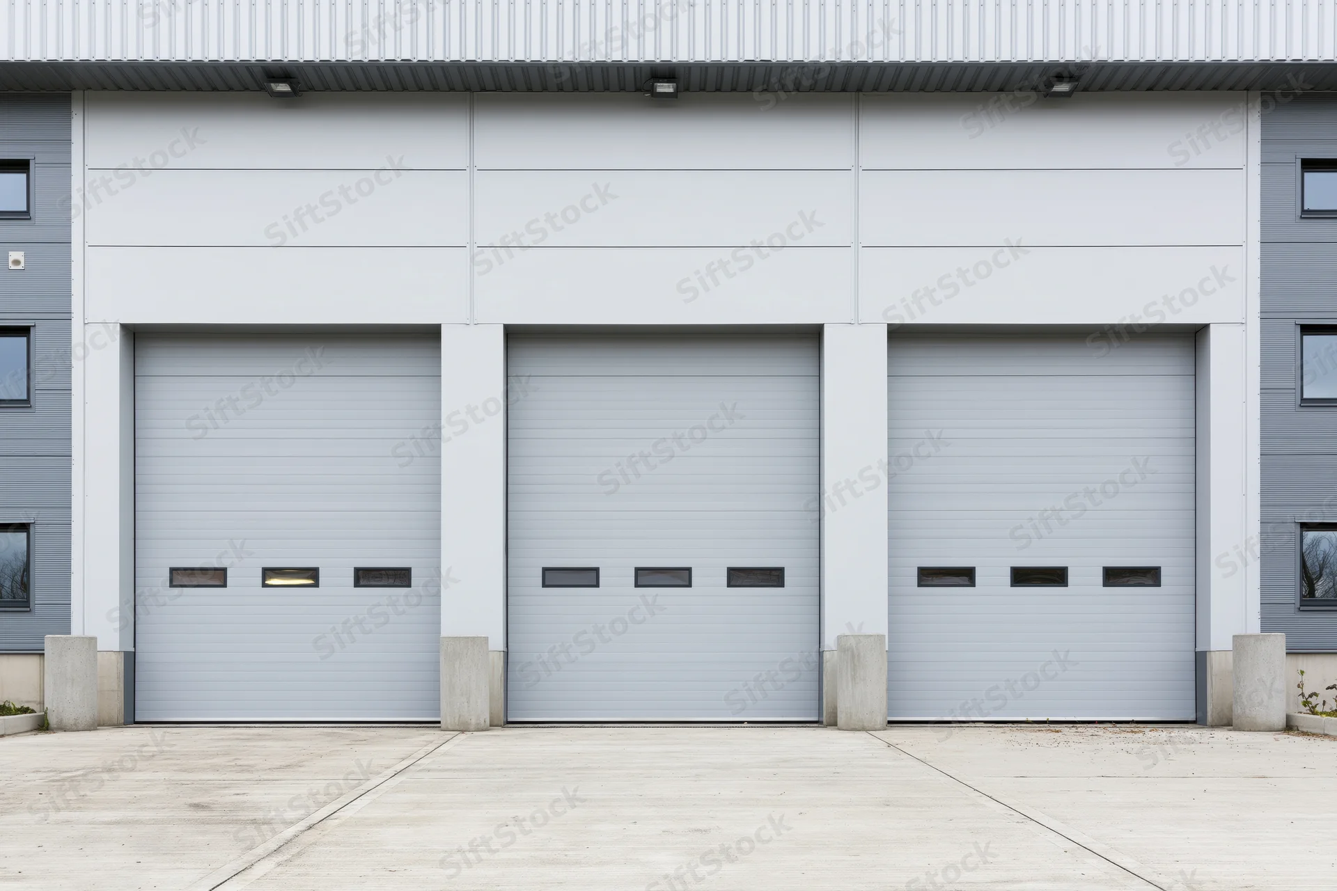 Three closed industrial roll-up garage doors on a modern warehouse exterior
