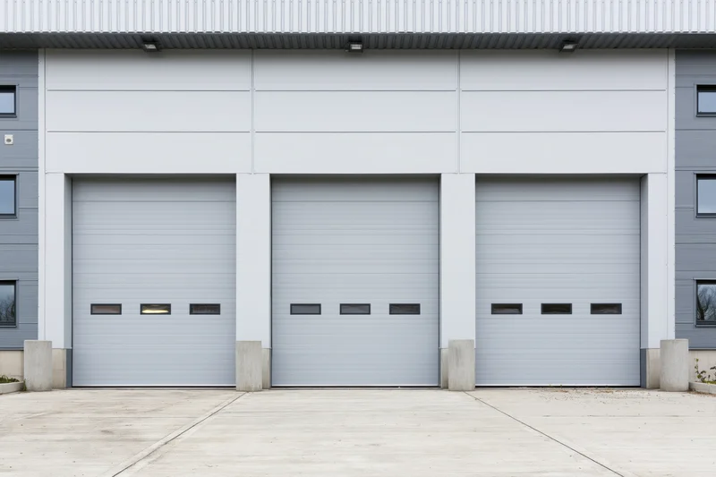 Three closed industrial roll-up garage doors on a modern warehouse exterior