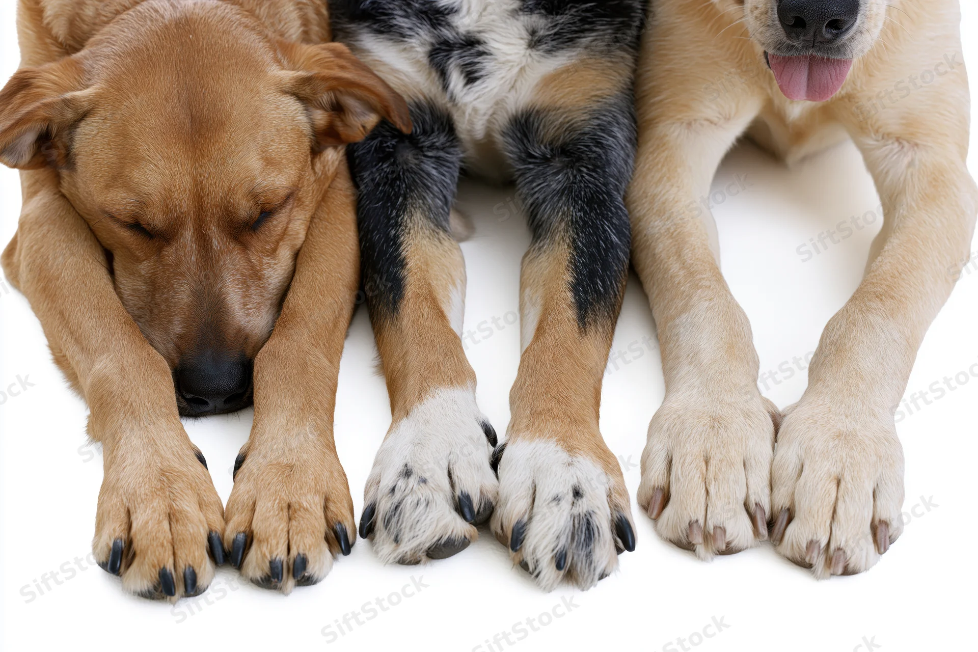 Three dogs lying side by side showing front paws and legs on white background