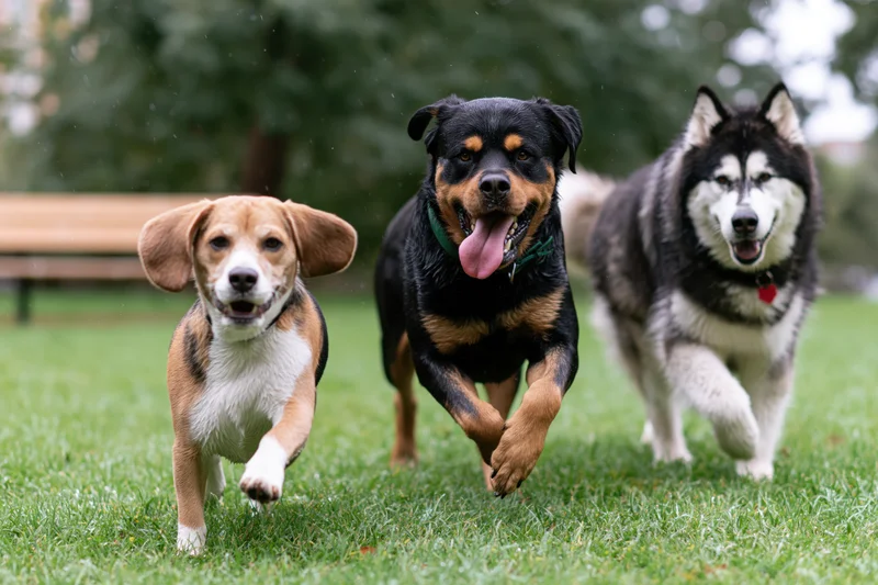 Three dogs running together across a green lawn in a park