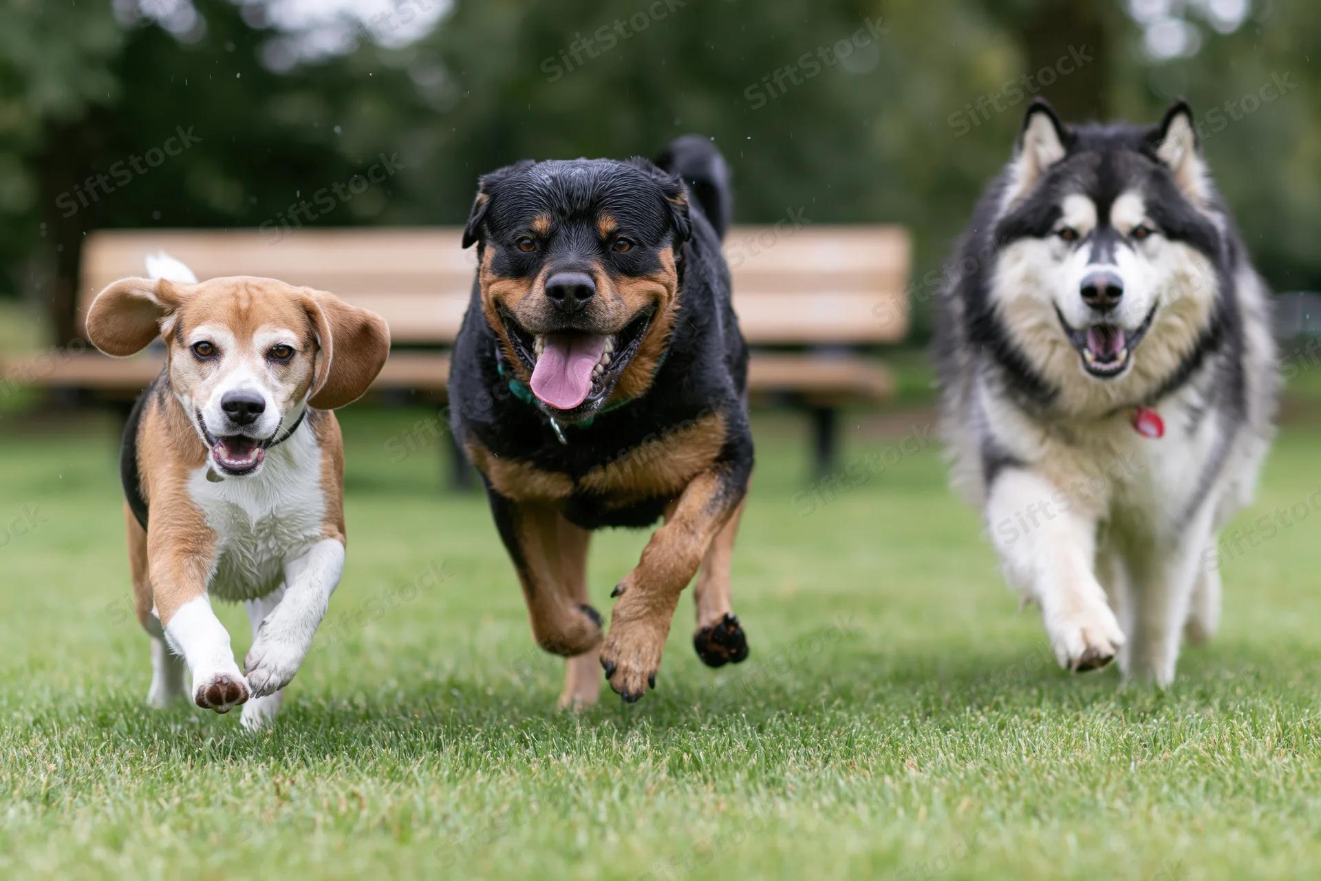 Three dogs running across a grassy park lawn toward the camera