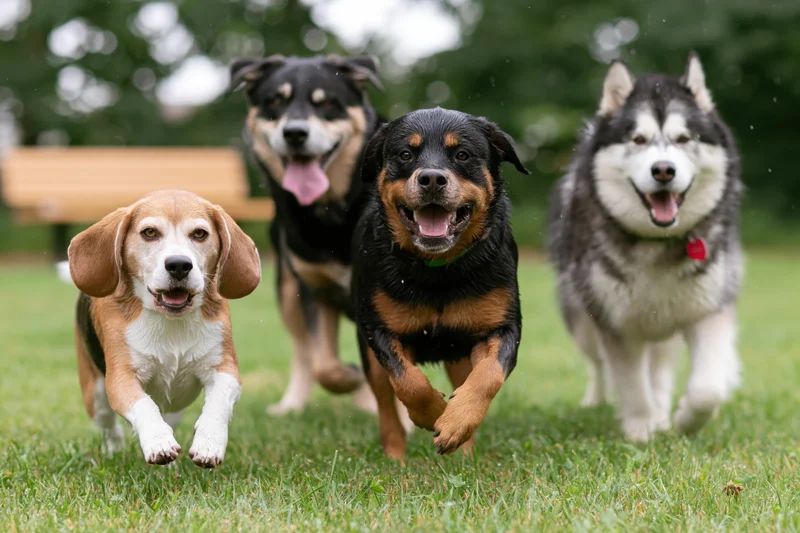 Four dogs running together across a green lawn in a park