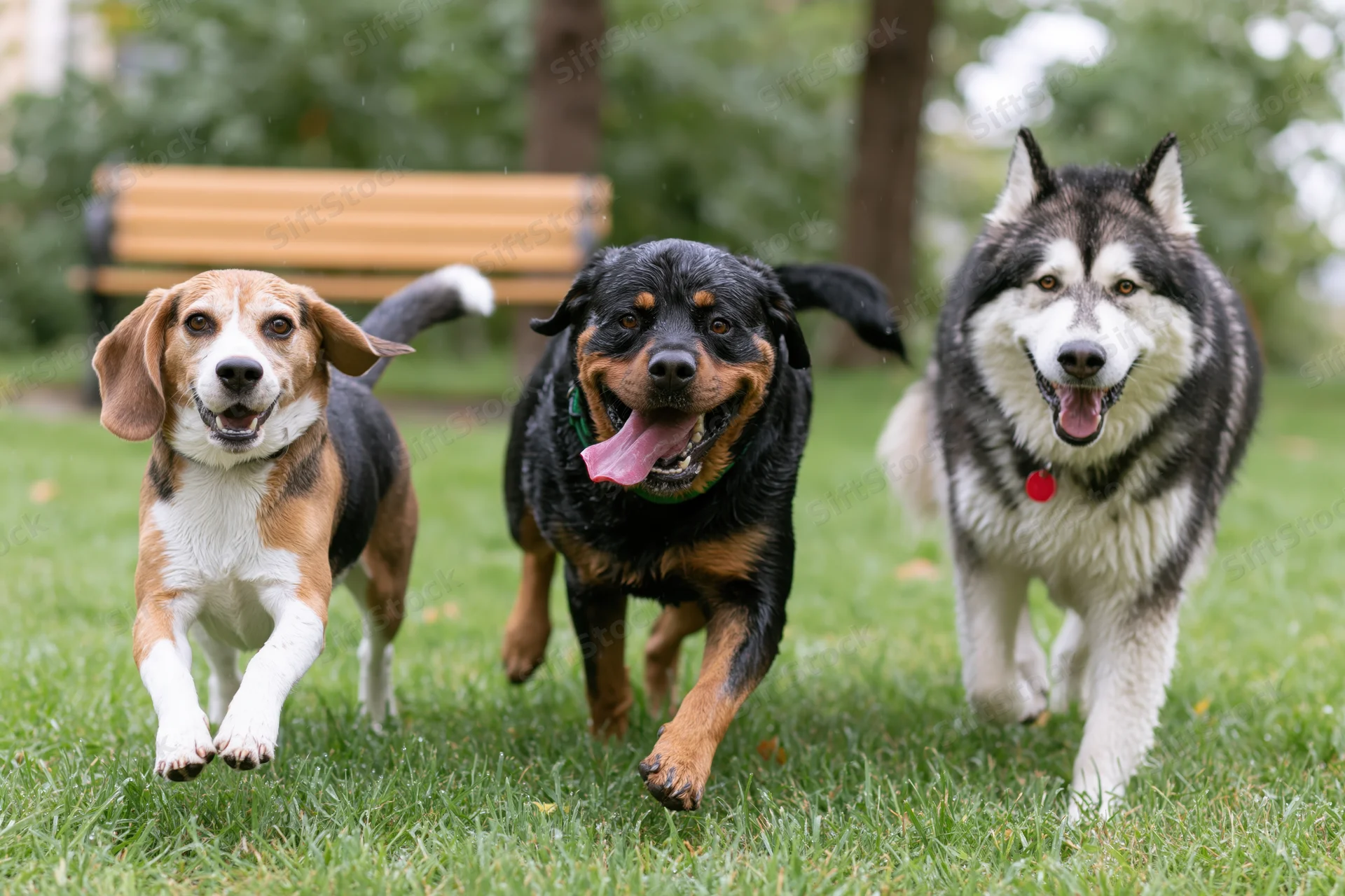 Three dogs running across a grassy lawn in a park