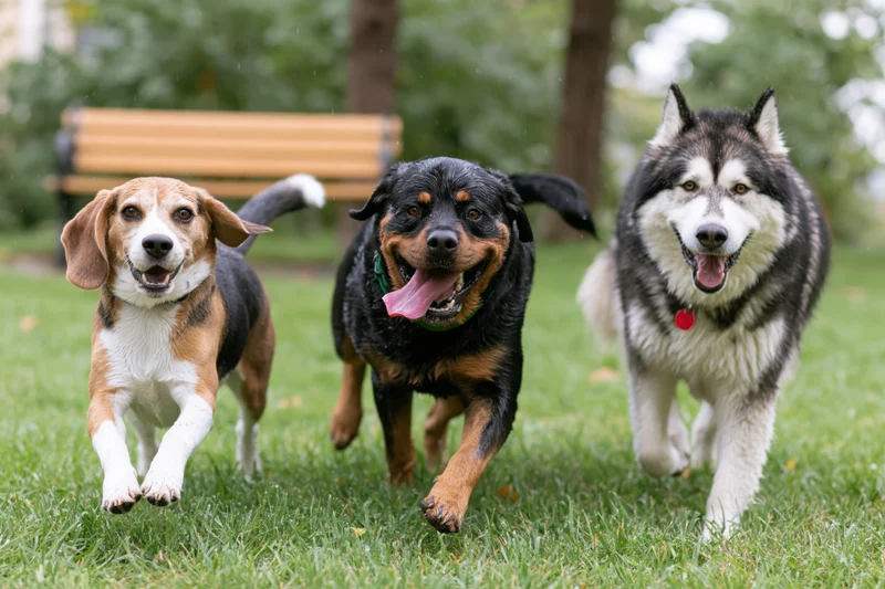 Three dogs running across a grassy lawn in a park