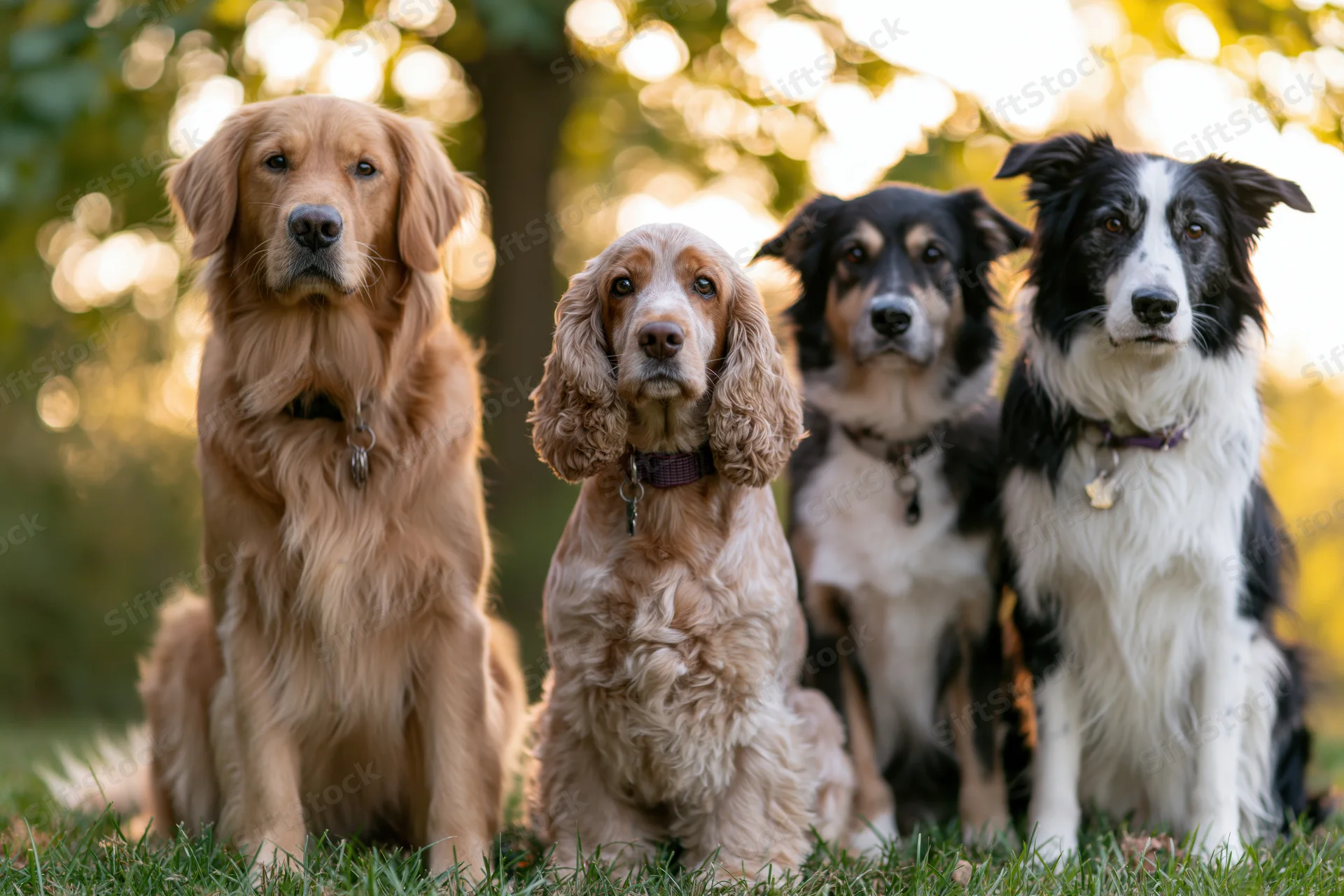 Four dogs sitting together on grass in a park during daytime
