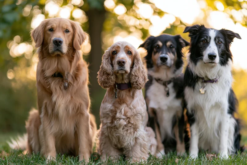Four dogs sitting together on grass in a park during daytime