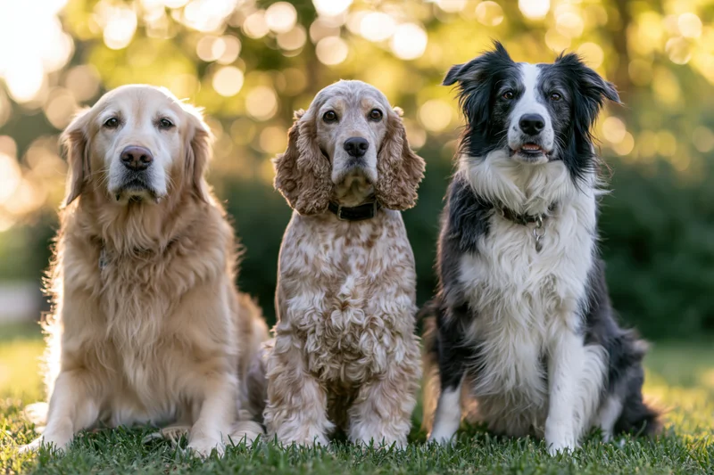 Three dogs sitting together on grass in a sunny outdoor setting