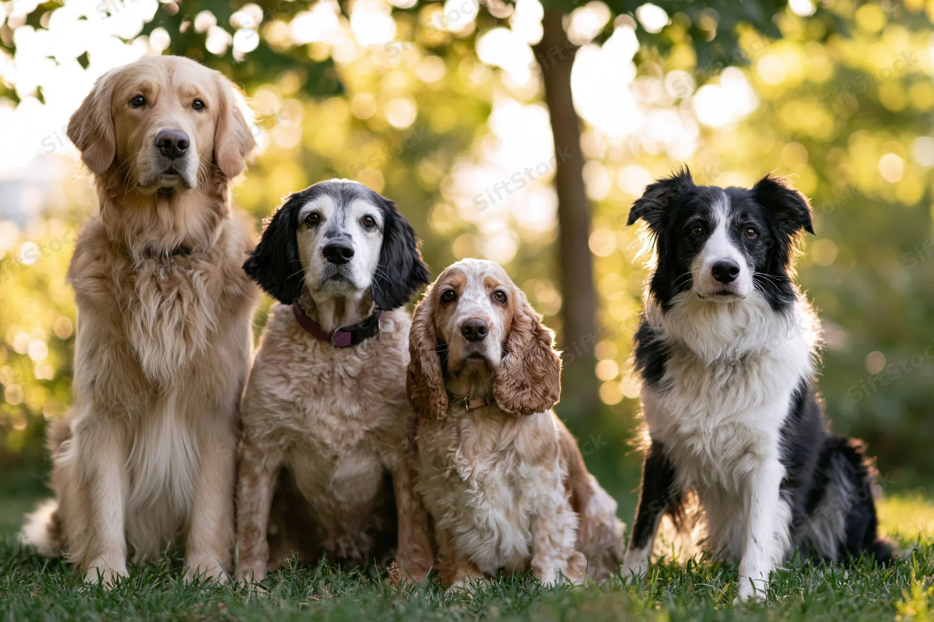 Four dogs sitting together on grass in a sunlit park, looking at camera