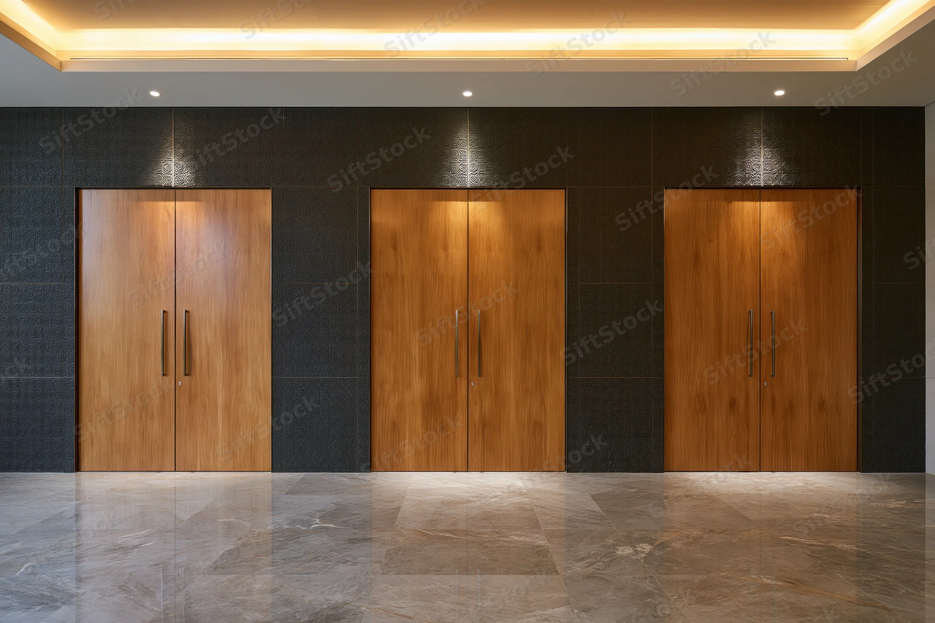 Three wooden double doors with slim metal handles aligned in a modern hallway with black tiled walls and polished marble floor