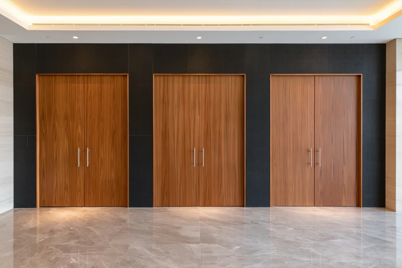 Three wooden double doors with slim metal handles aligned in a modern hallway with black tiled walls and marble flooring